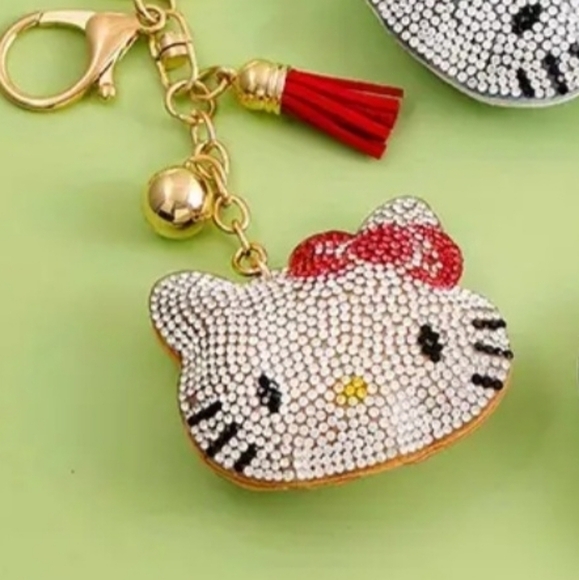 Hello Kitty Red Bow Crystal Rhinestone Keychain Bag Charm With Tan Tassel - Picture 5 of 12
